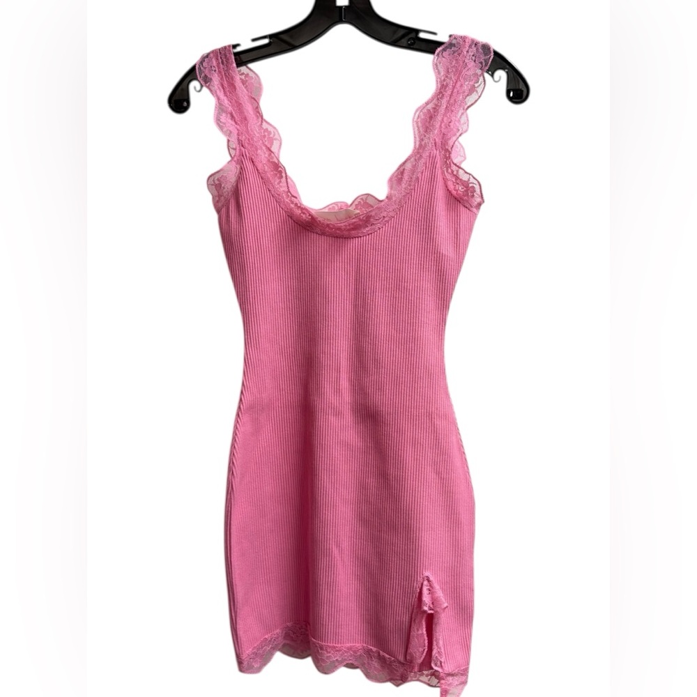 New Pink Lace Trim Ribbed Mini Dress S Pink Y2K Bodycon